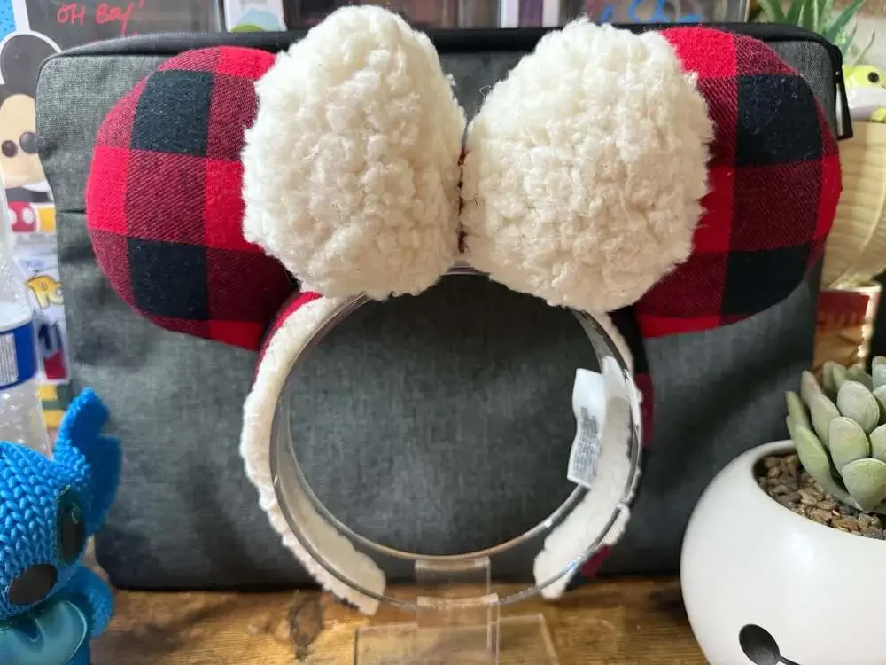 EUC Disney Parks Lumberjack Red Black Buffalo Plaid Ear Headband with Sherpa Bow